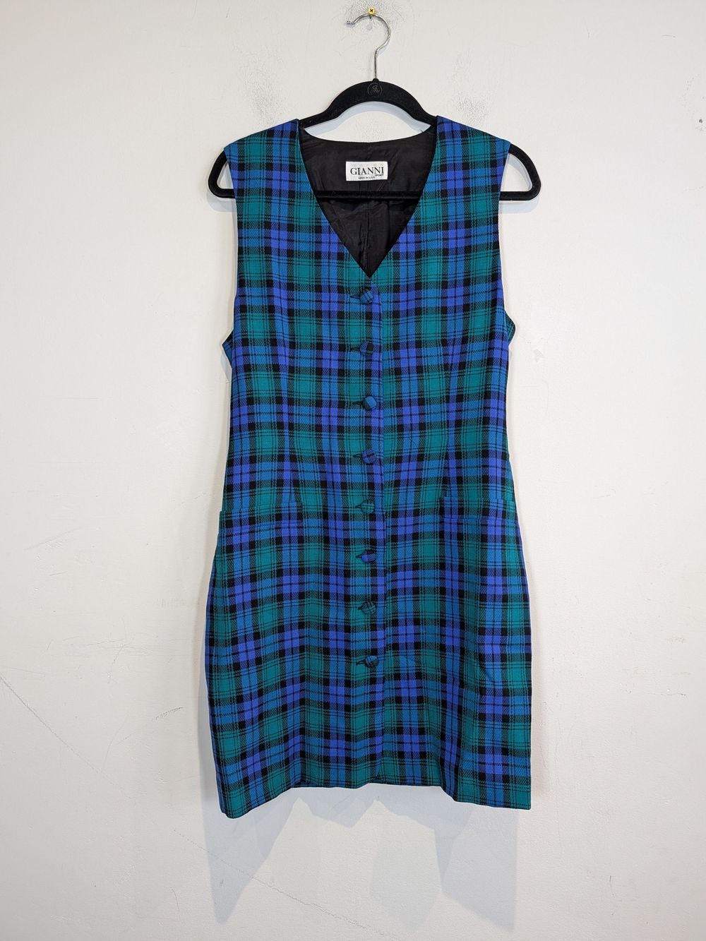 Ganni Teal and Navy Plaid Sleeveless Button Dress, Size Small